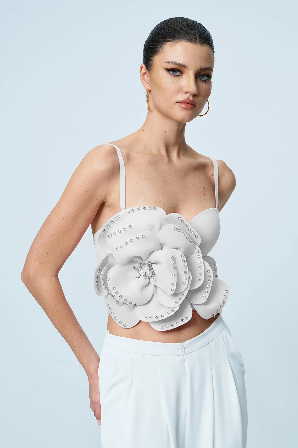 Elegant White Flower Rhinestone Spaghetti Strap Top