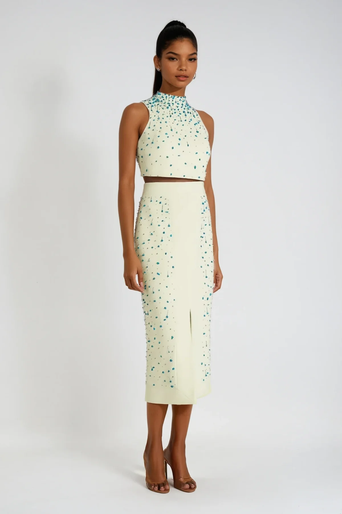 Sleeveless Rhinestone Skirt Set for Women - Elegant Formal Wear