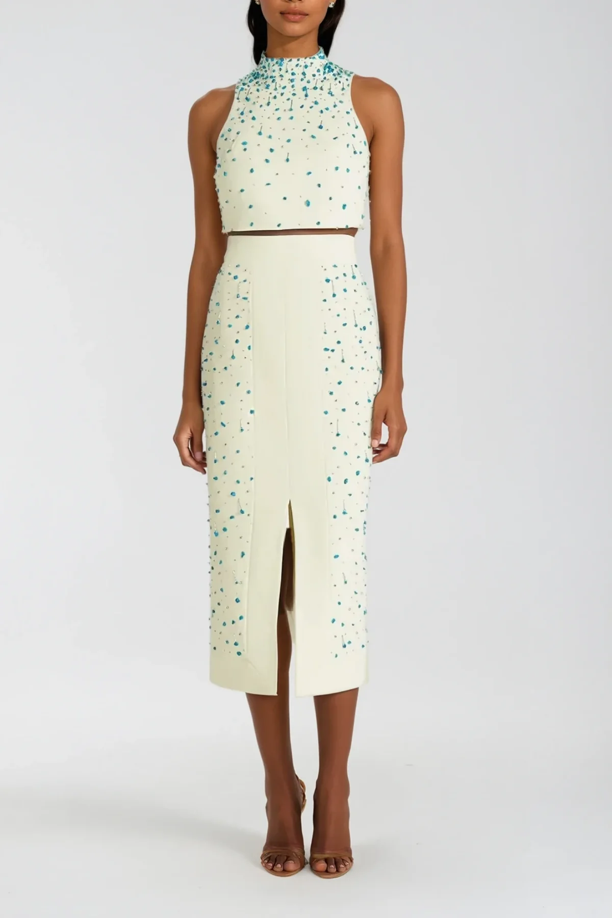 Sleeveless Rhinestone Skirt Set for Women - Elegant Formal Wear