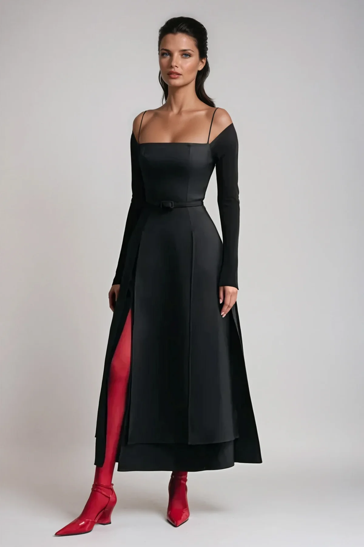 Black Lace-Up Split Maxi Dress - Elegant & Versatile