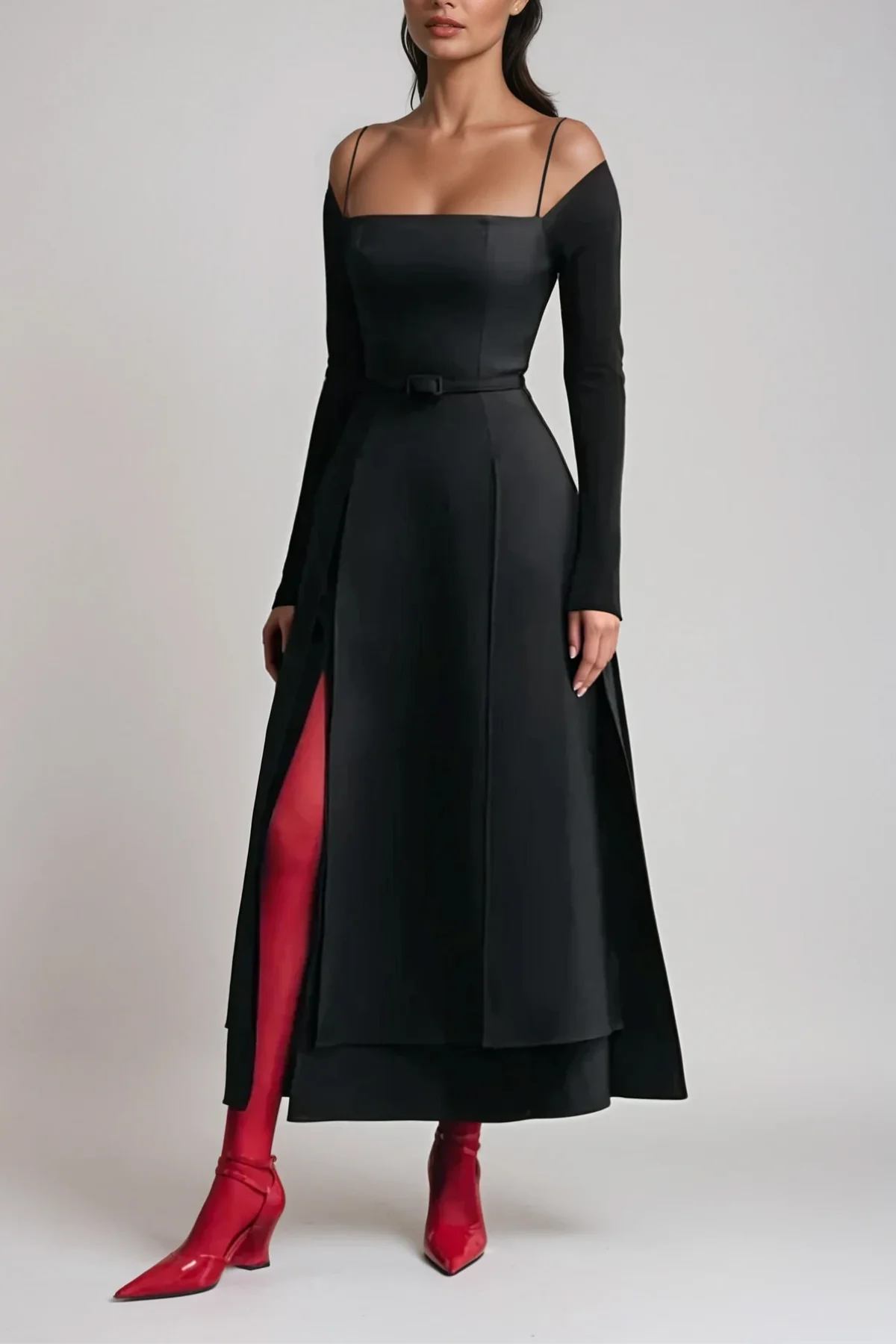 Black Lace-Up Split Maxi Dress - Elegant & Versatile