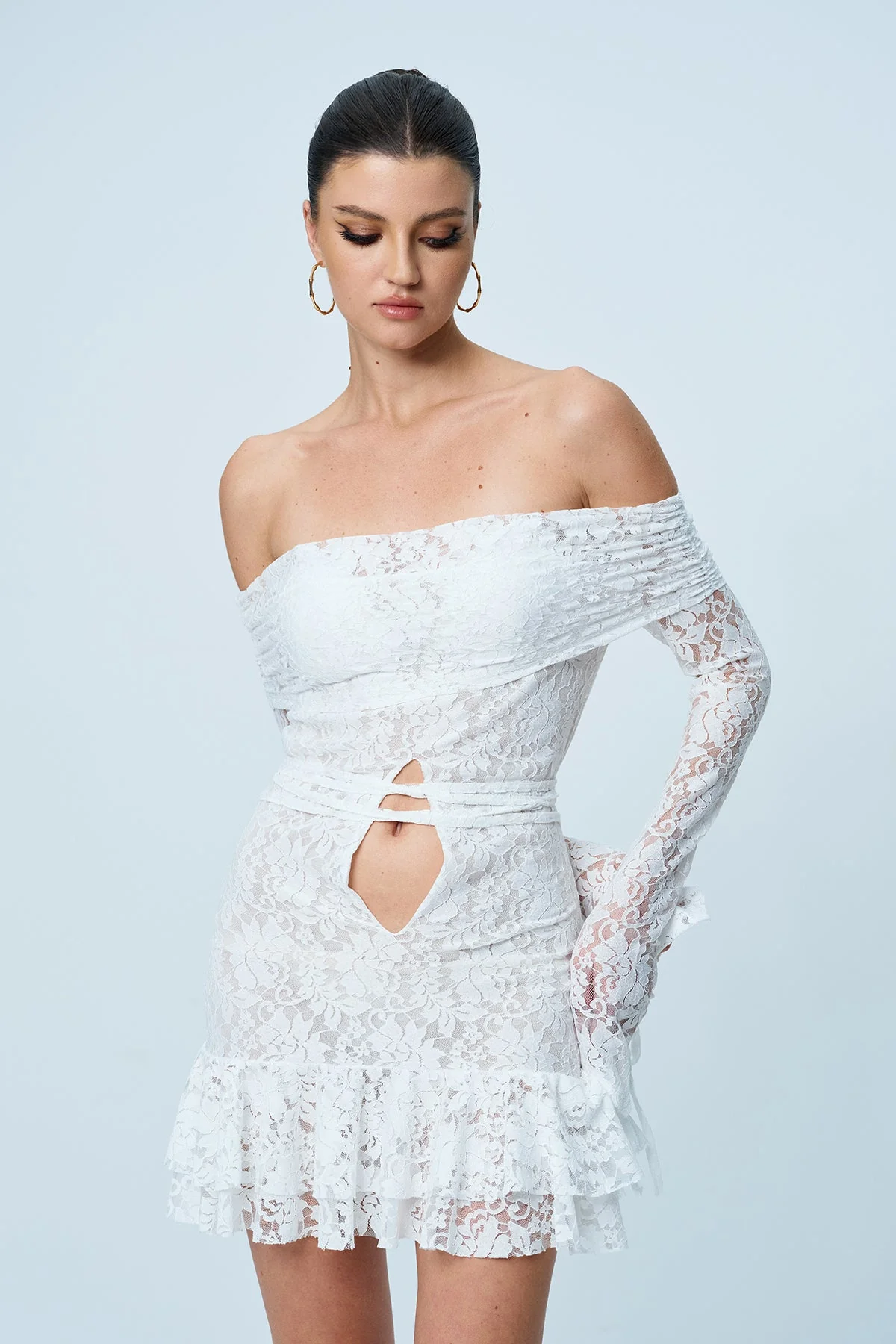 Ruffled Lace Up Cutout Mini Dress in White | Womens Elegant Fashion