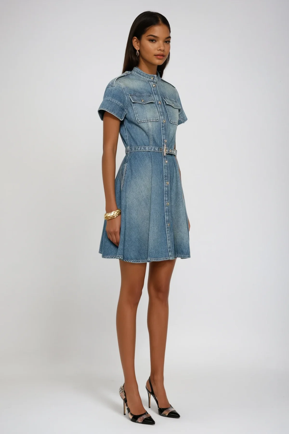 Stylish Denim Mini Dress with Ruffle Sleeves