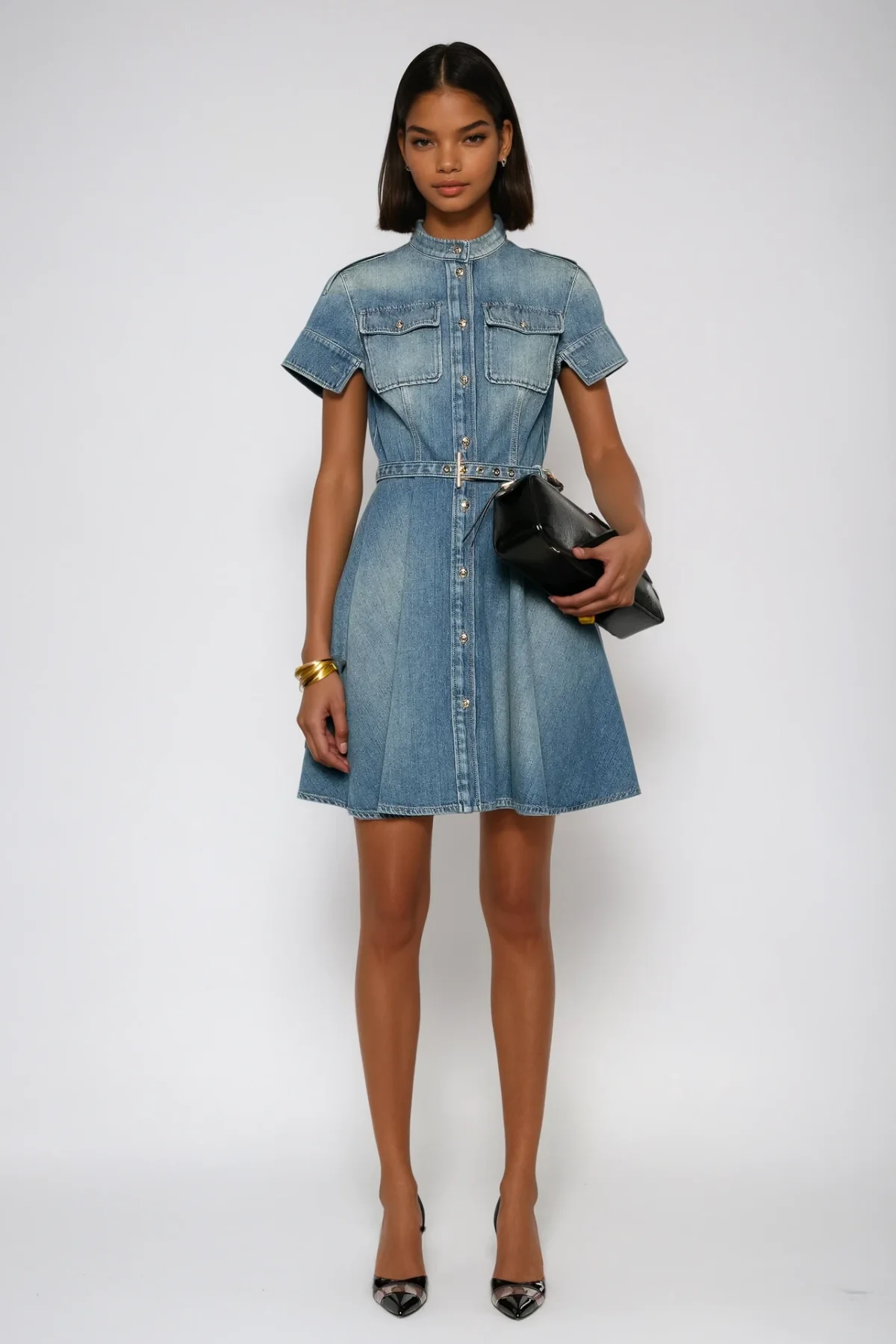 Stylish Denim Mini Dress with Ruffle Sleeves