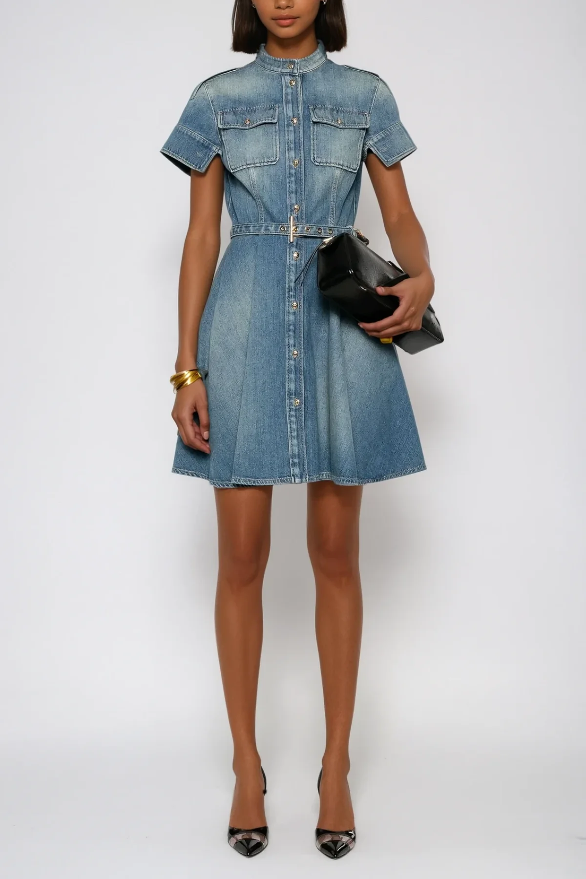 Stylish Denim Mini Dress with Ruffle Sleeves
