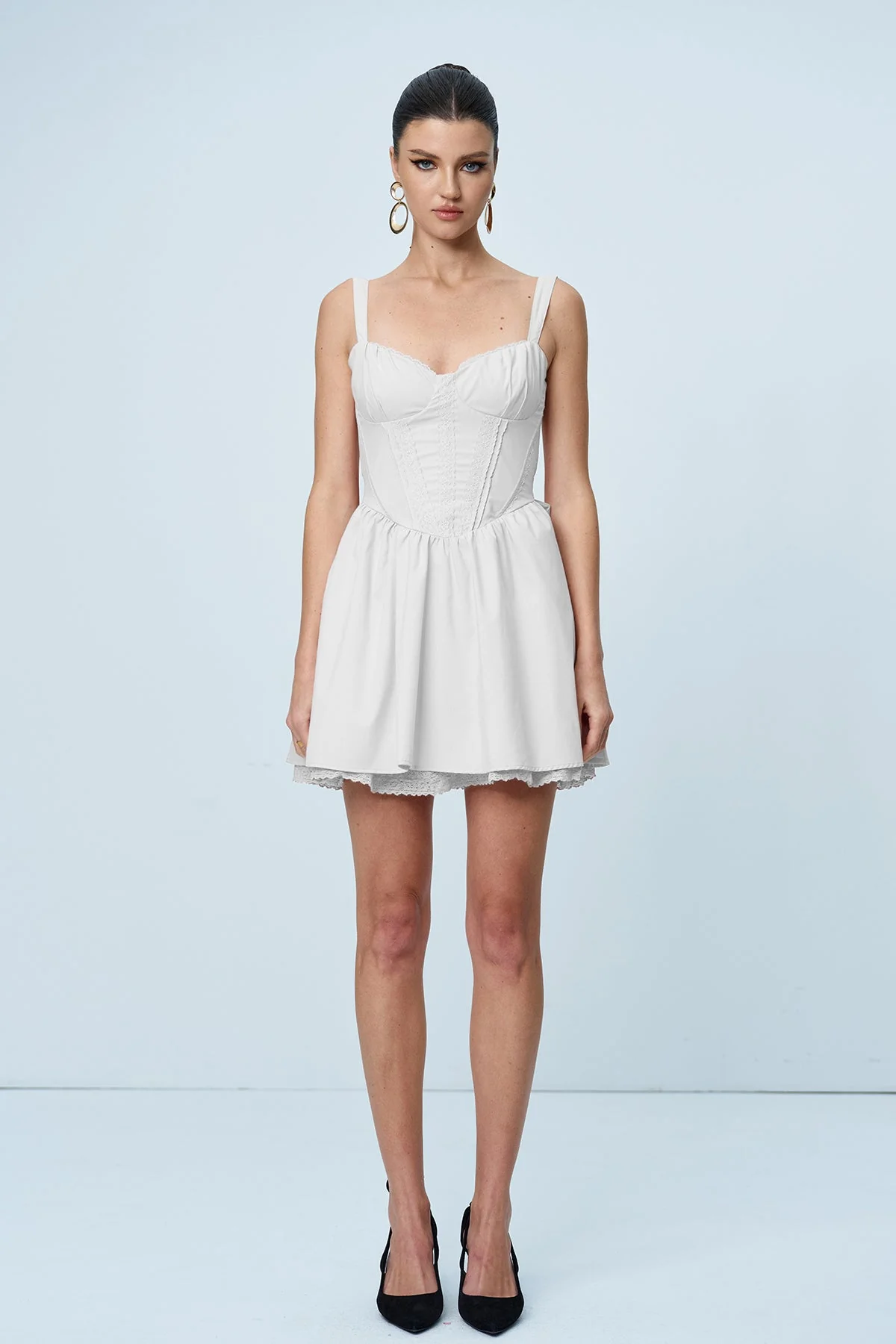 White Ruffle Mini Dress with Bow Detail