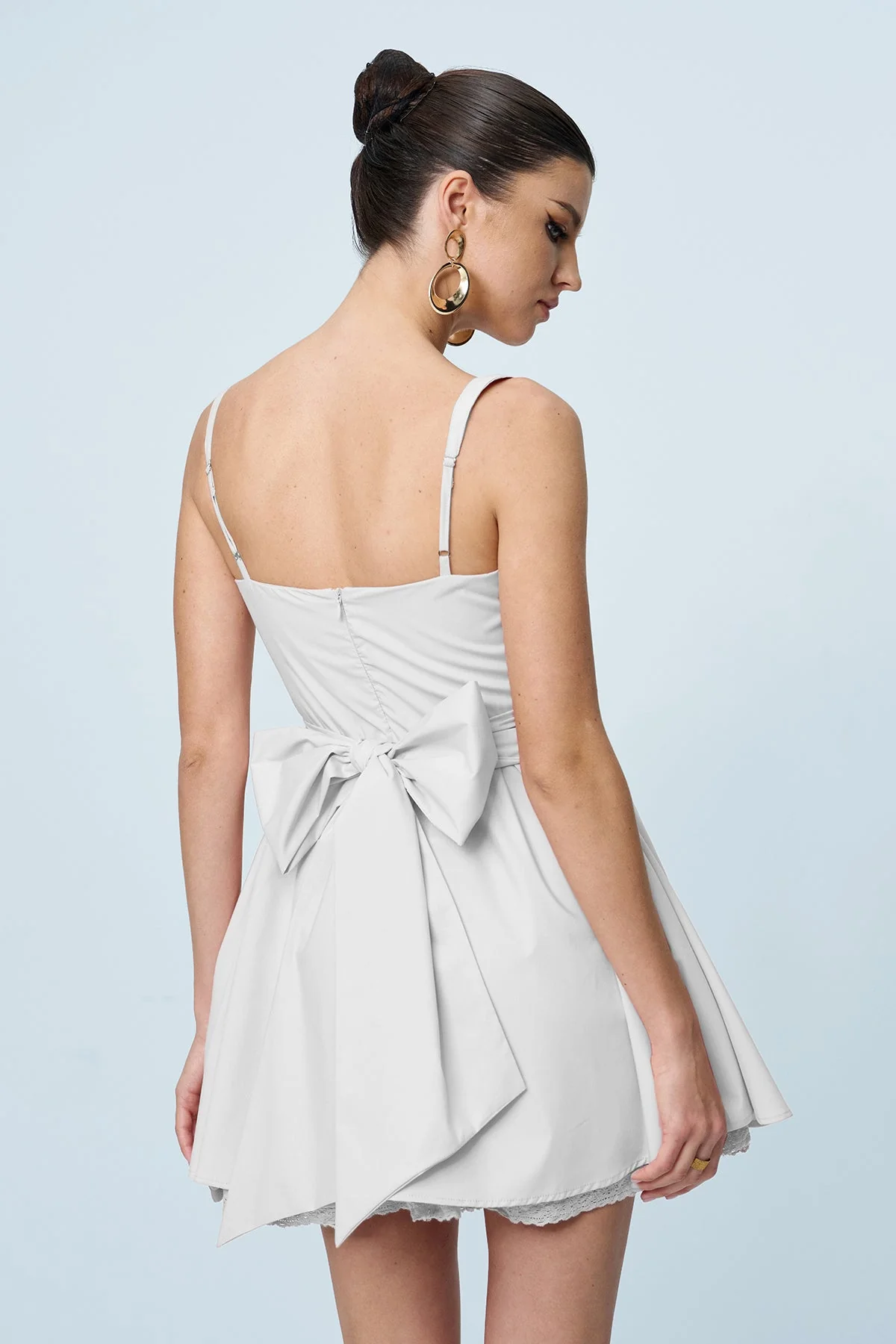 White Ruffle Mini Dress with Bow Detail