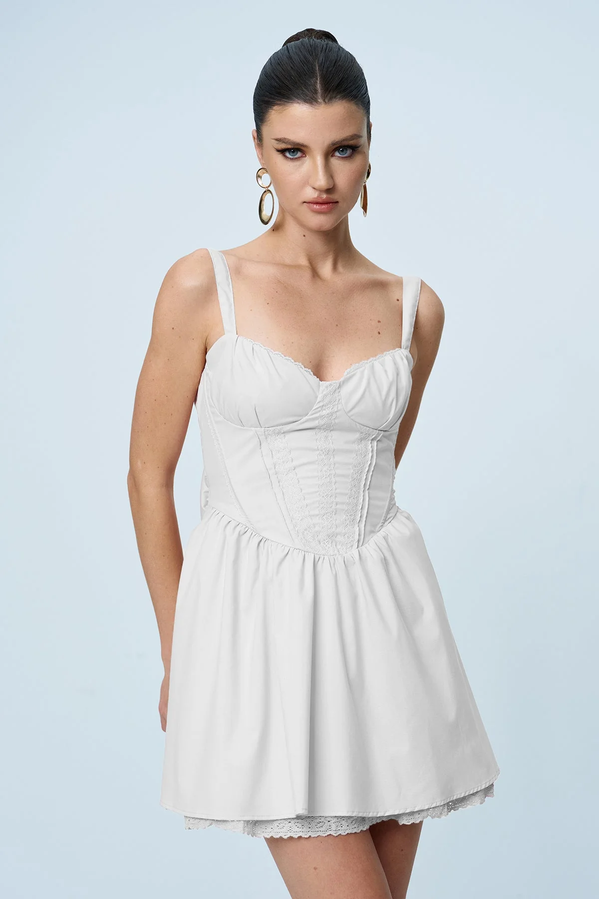 White Ruffle Mini Dress with Bow Detail