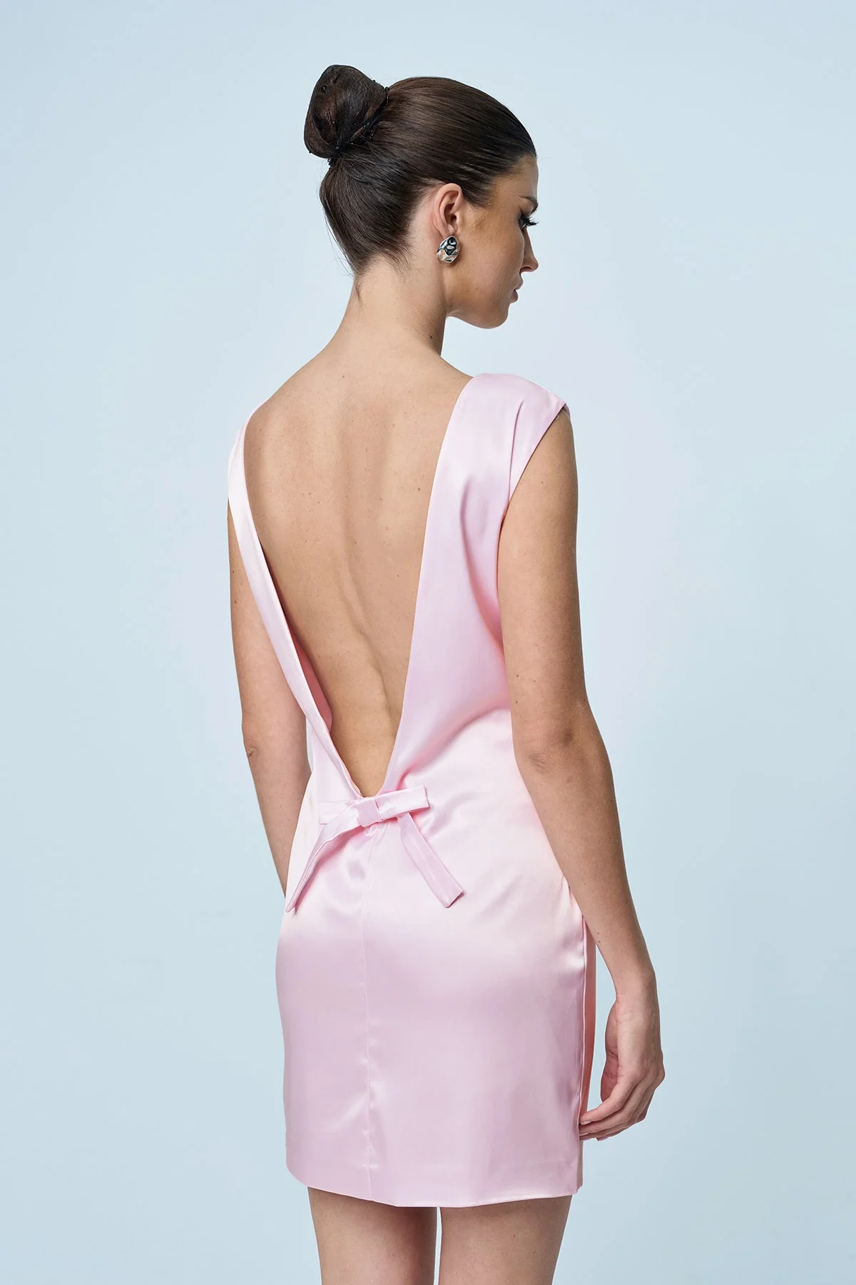 Pink Satin Bow Backless Mini Dress