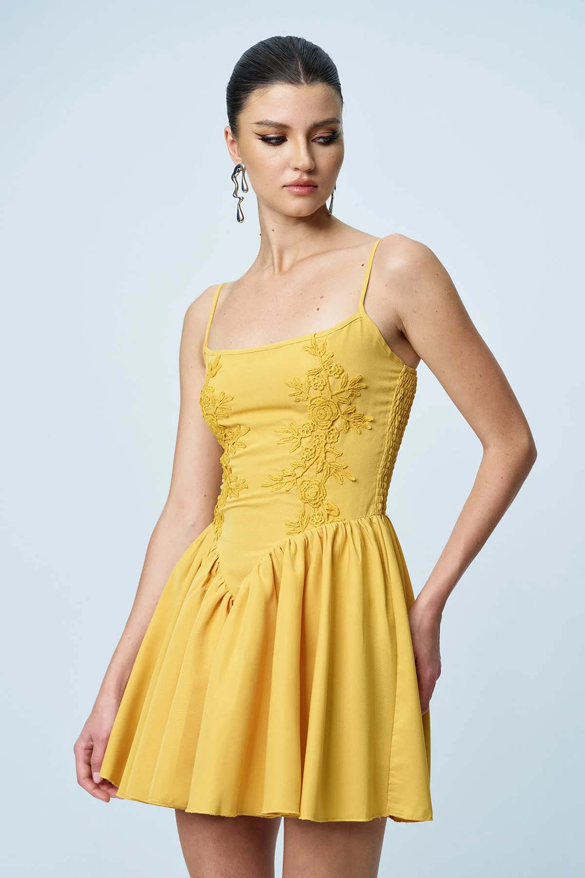 Yellow Ruched Flower Spaghetti Mini Dress