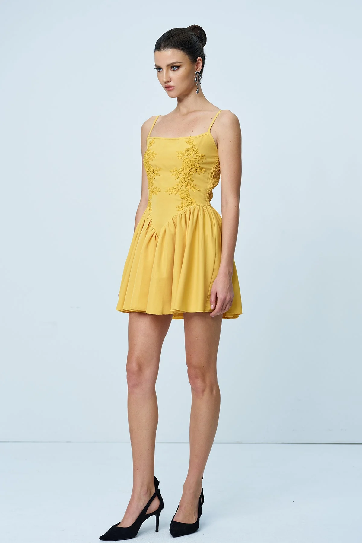 Yellow Ruched Flower Spaghetti Mini Dress