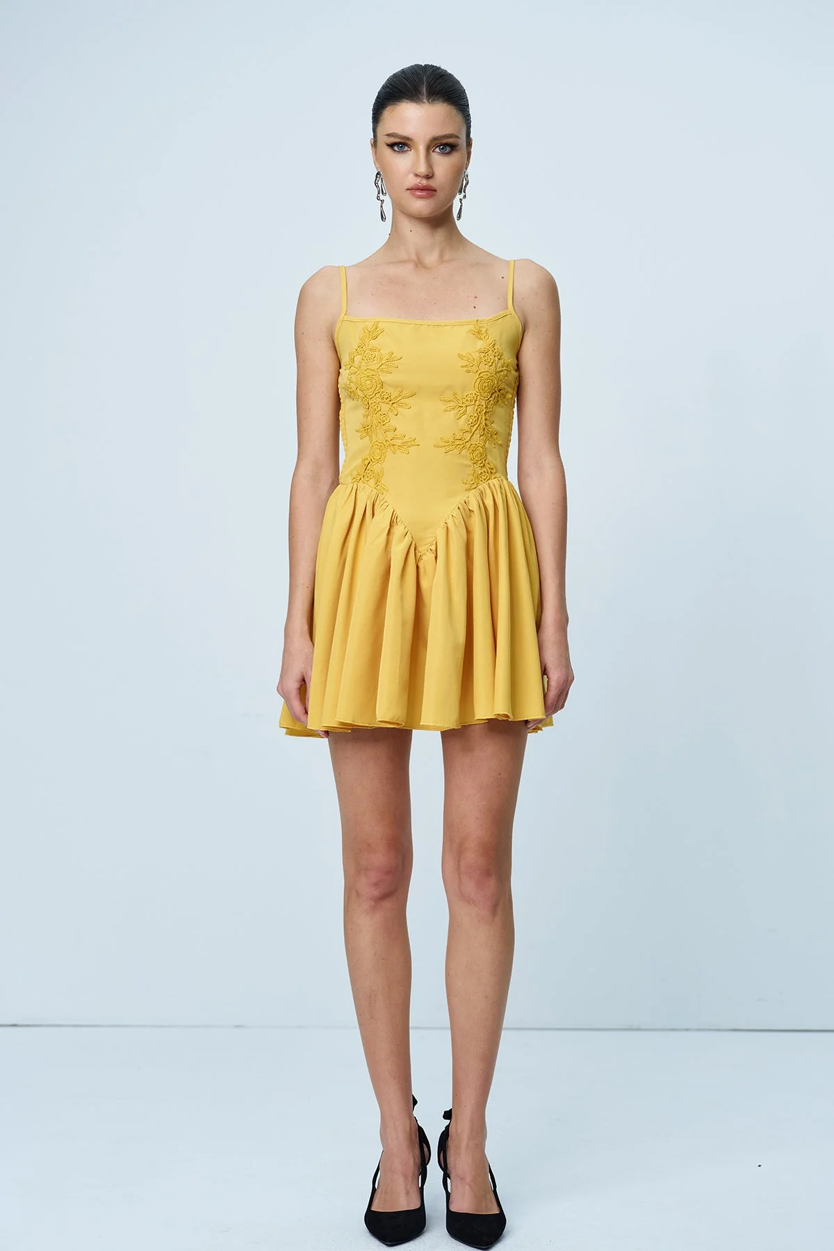 Yellow Ruched Flower Spaghetti Mini Dress