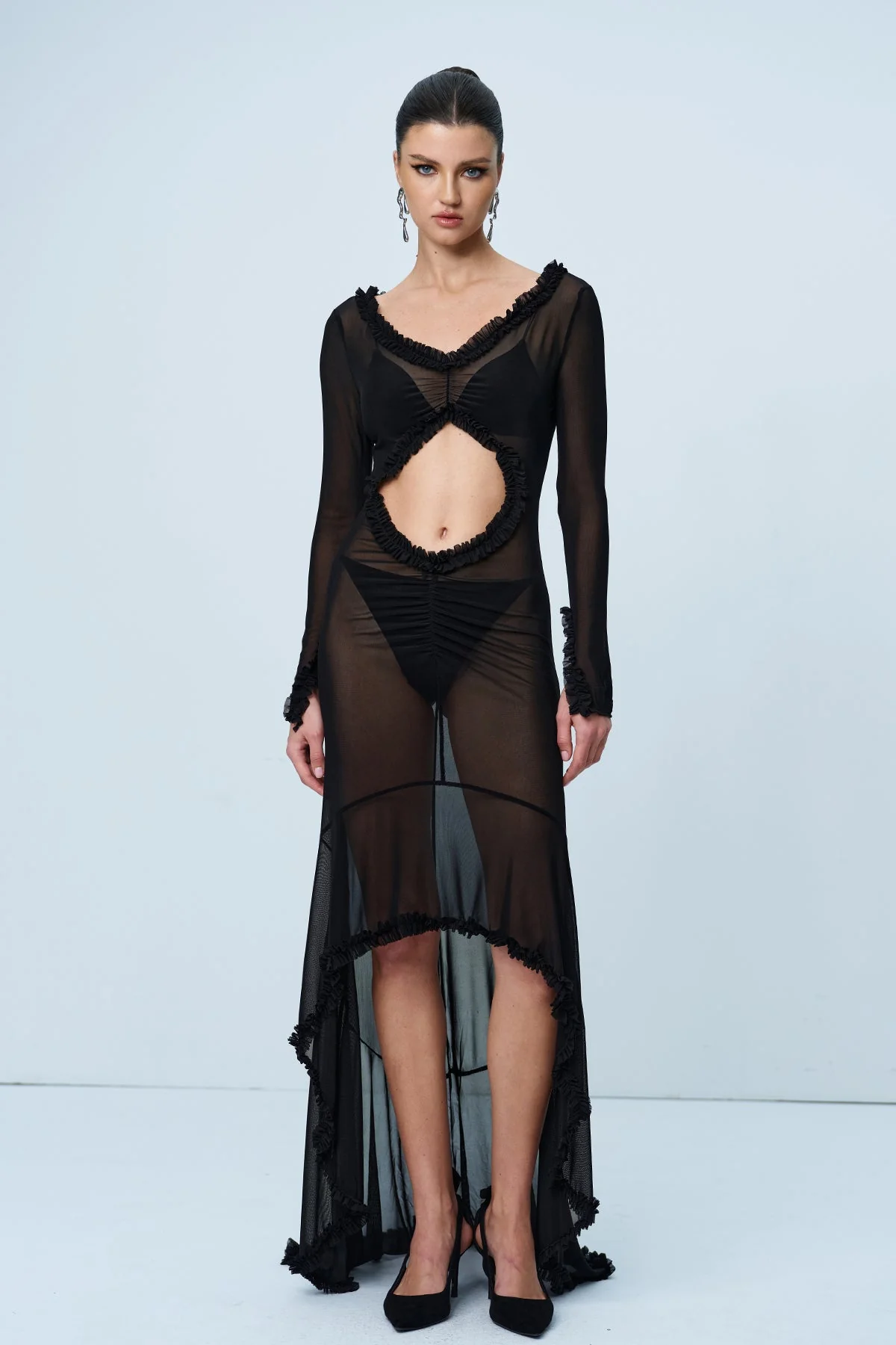 Black Off Shoulder Mesh Maxi Dress for Women