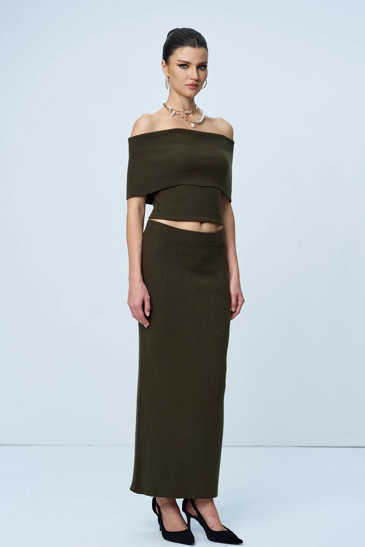 Green Knit Strapless Split Skirt Set