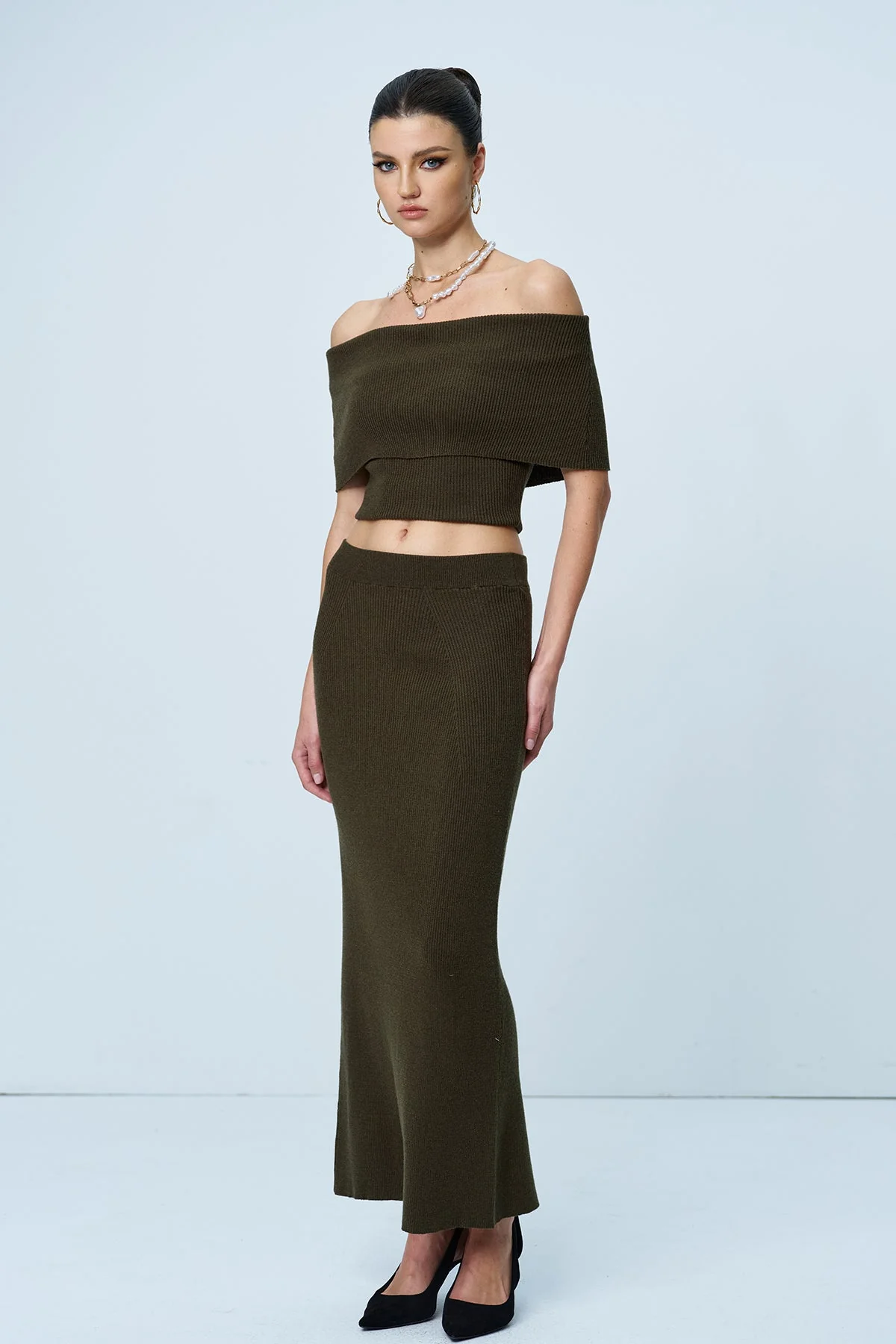 Green Knit Strapless Split Skirt Set