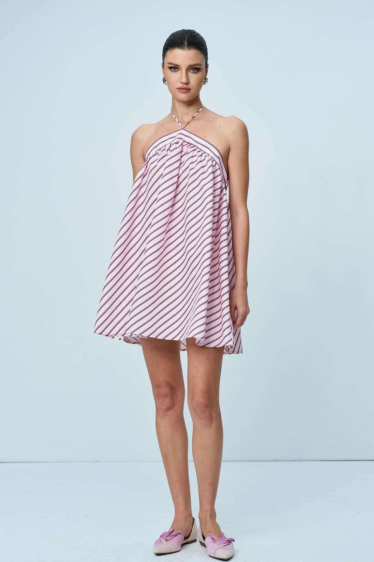 Pink Stripe Halter Neck Mini Dress
