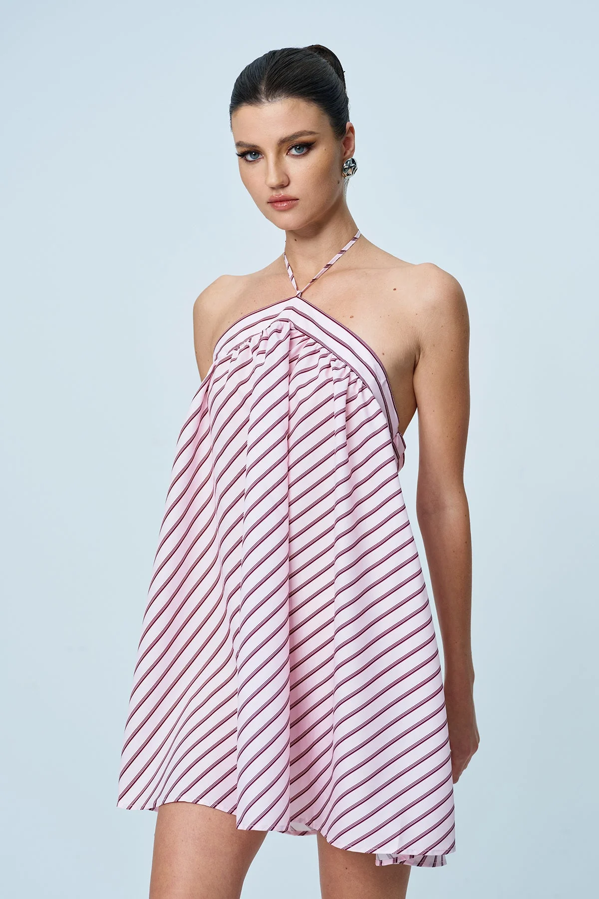 Pink Stripe Halter Neck Mini Dress
