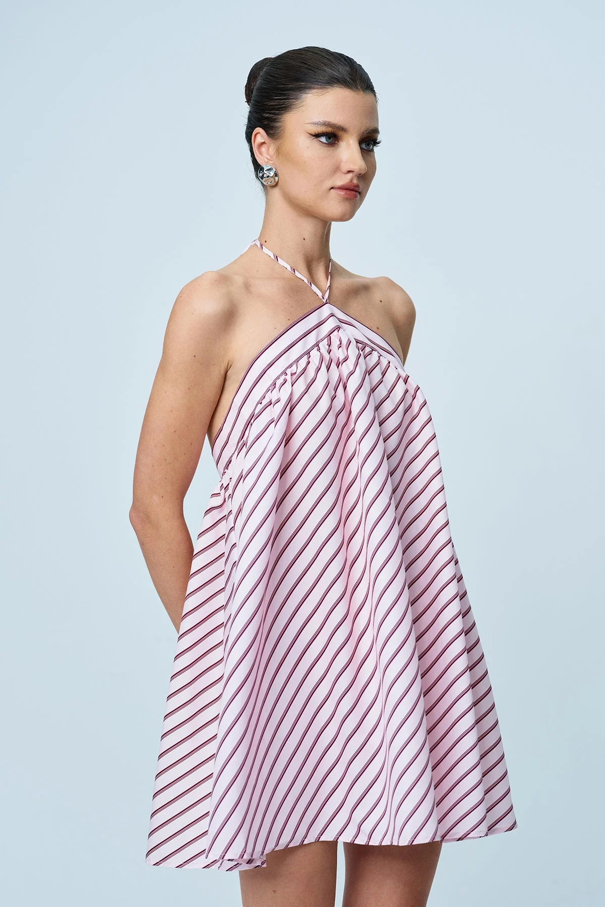 Pink Stripe Halter Neck Mini Dress