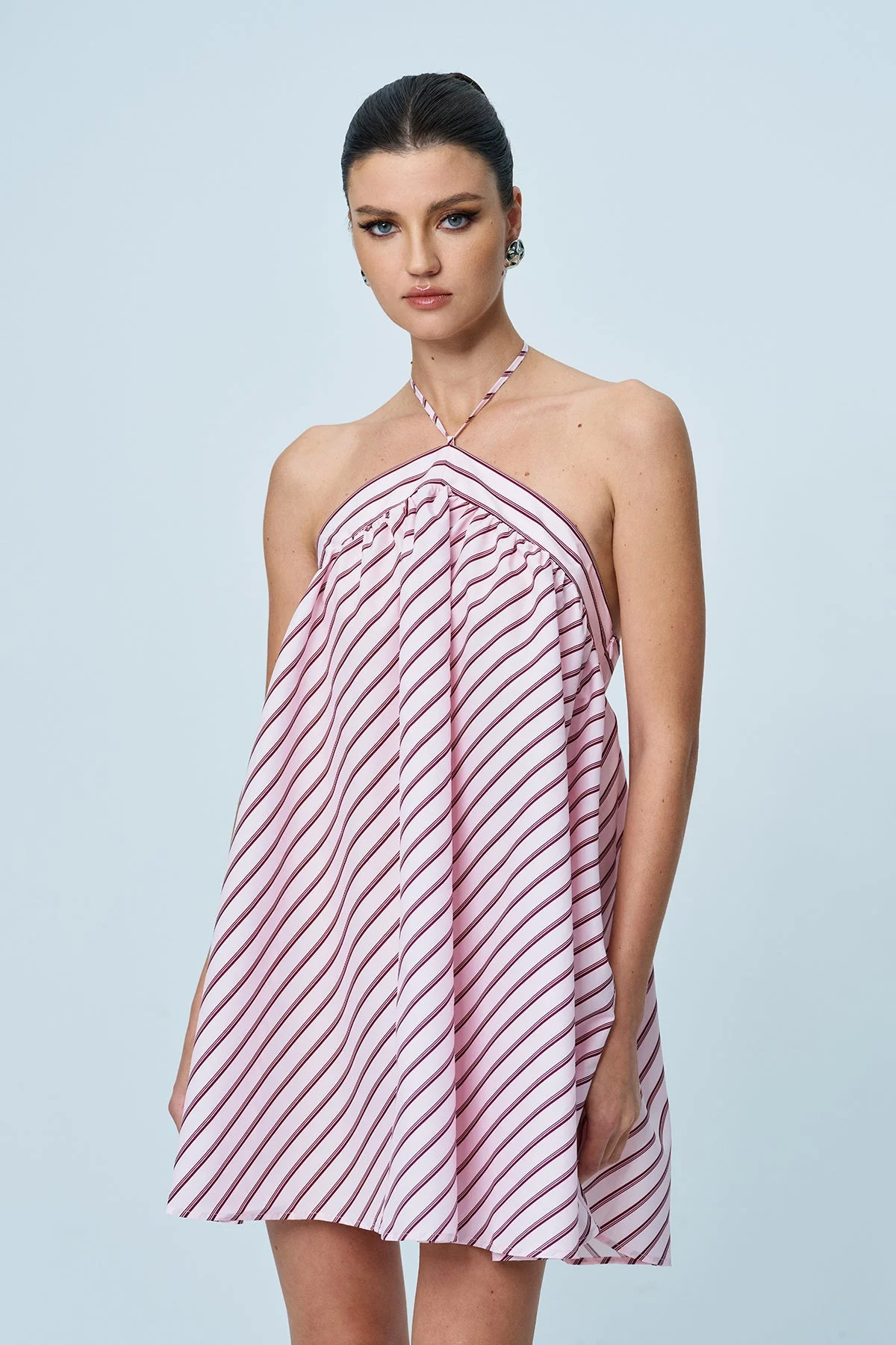 Pink Stripe Halter Neck Mini Dress