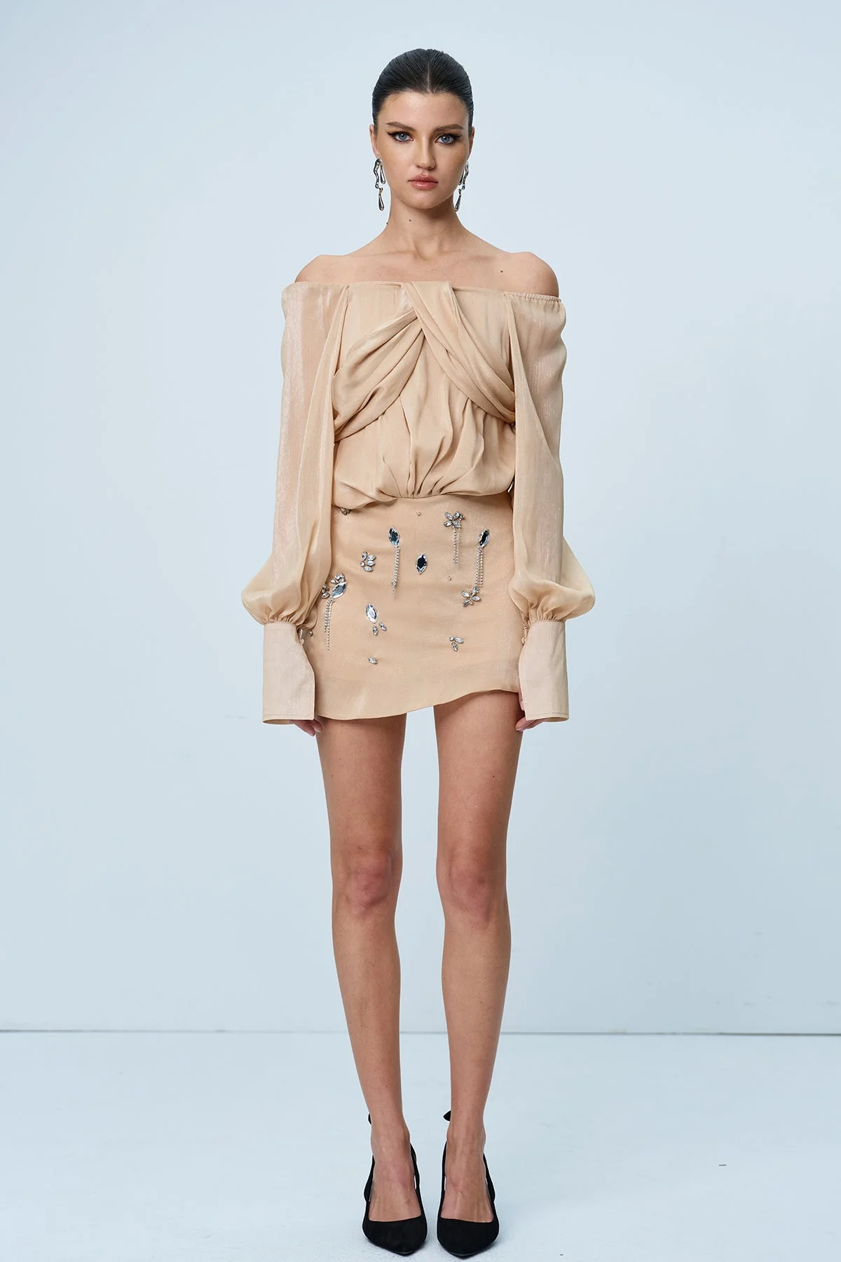 Mesh Rhinestone Ruched Skirt Set - Glamorous Night Out Ensemble