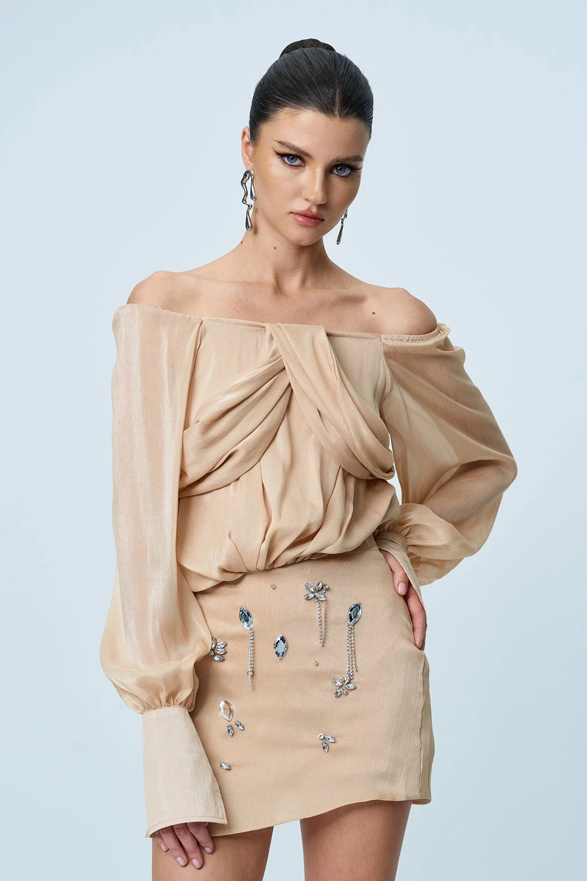 Mesh Rhinestone Ruched Skirt Set - Glamorous Night Out Ensemble