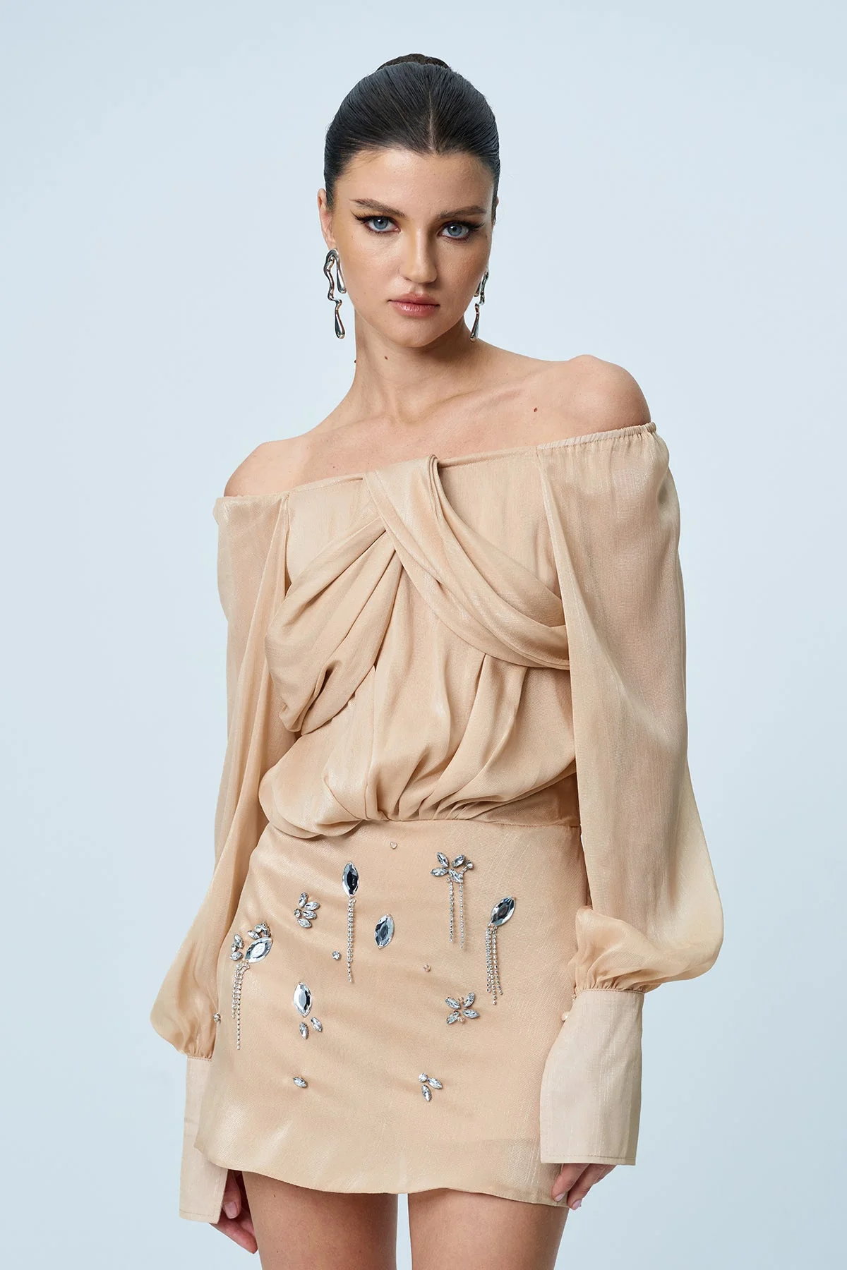 Mesh Rhinestone Ruched Skirt Set - Glamorous Night Out Ensemble