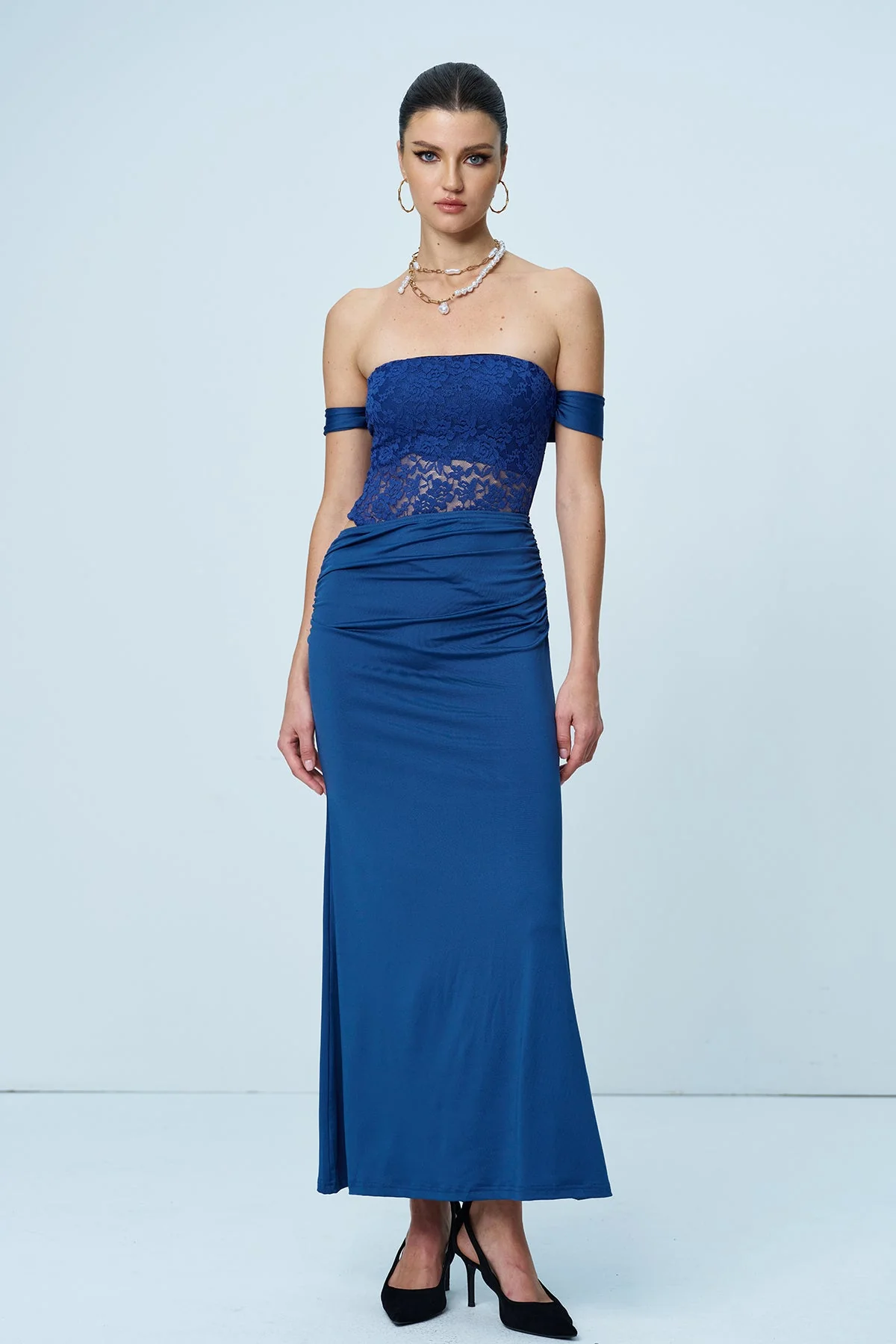 Elegant Strapless Lace Ruch Blue Maxi Dress
