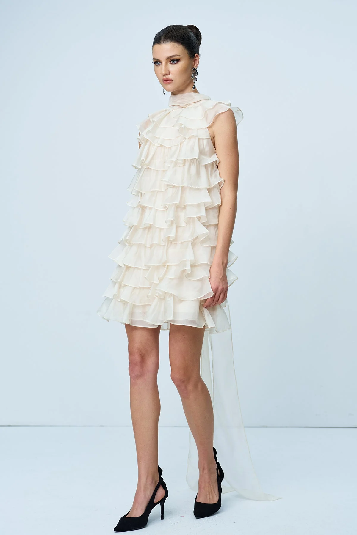 Apricot Ruffle Sleeveless Mini Dress with Ruch Detailing