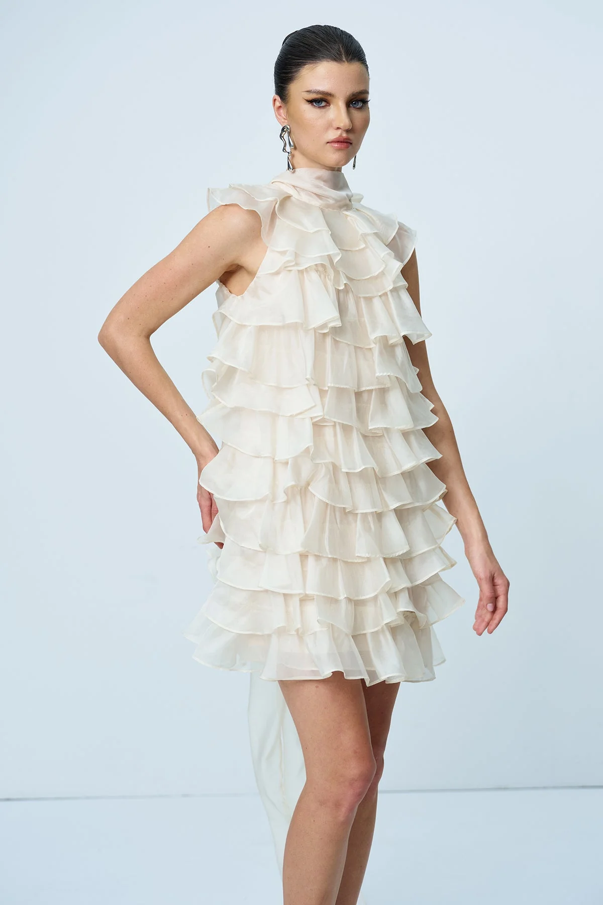 Apricot Ruffle Sleeveless Mini Dress with Ruch Detailing