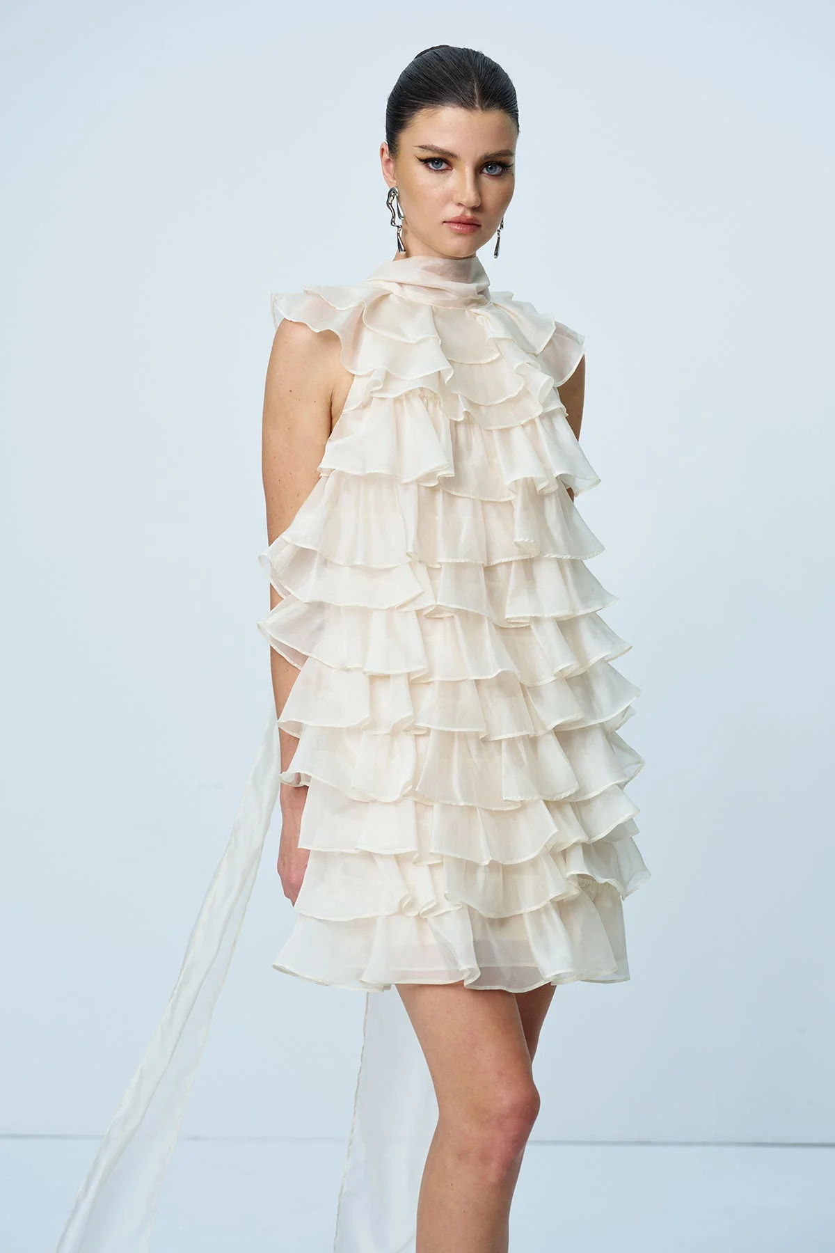 Apricot Ruffle Sleeveless Mini Dress with Ruch Detailing