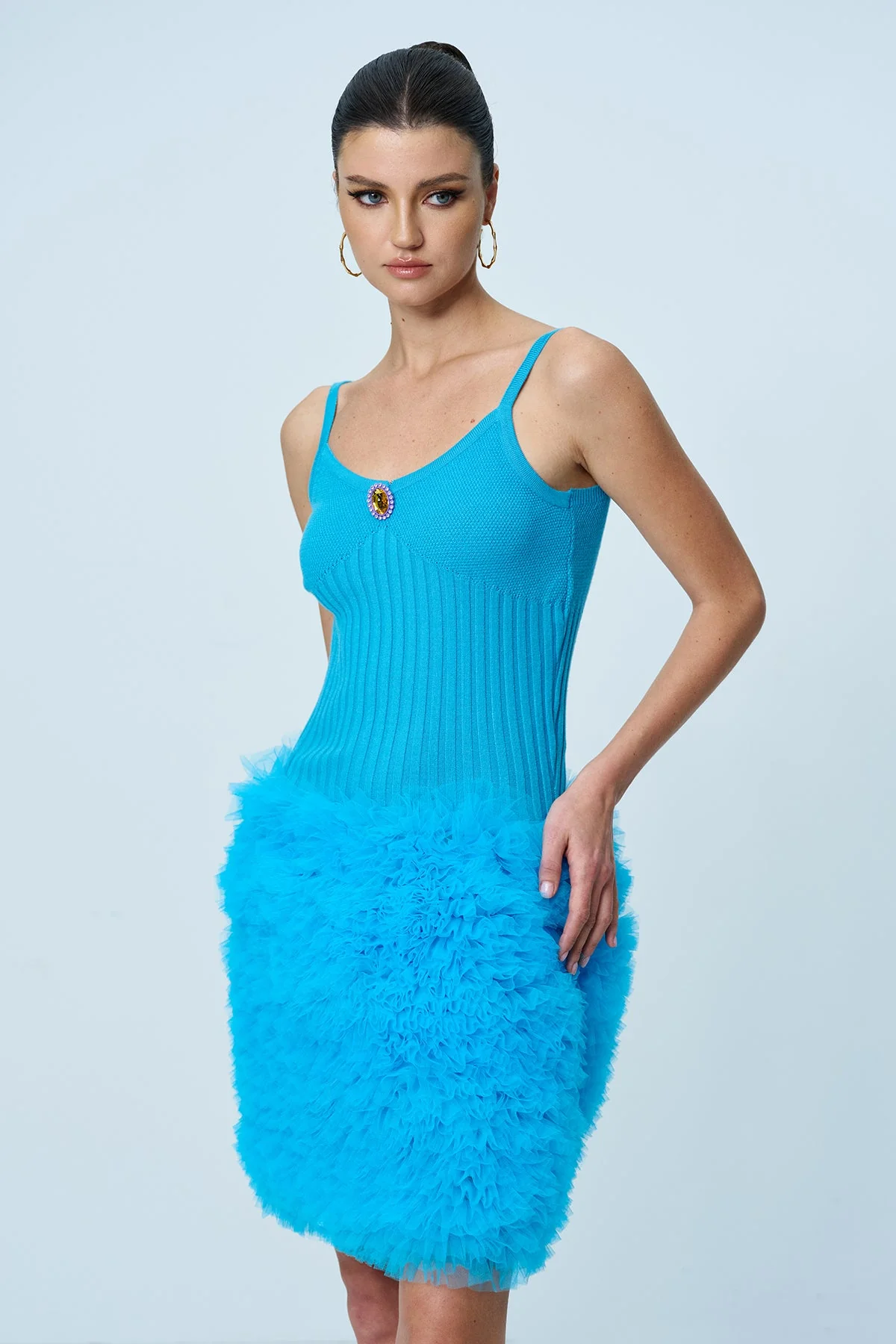 Chic Mesh Ruched Spaghetti Knit Mini Dress