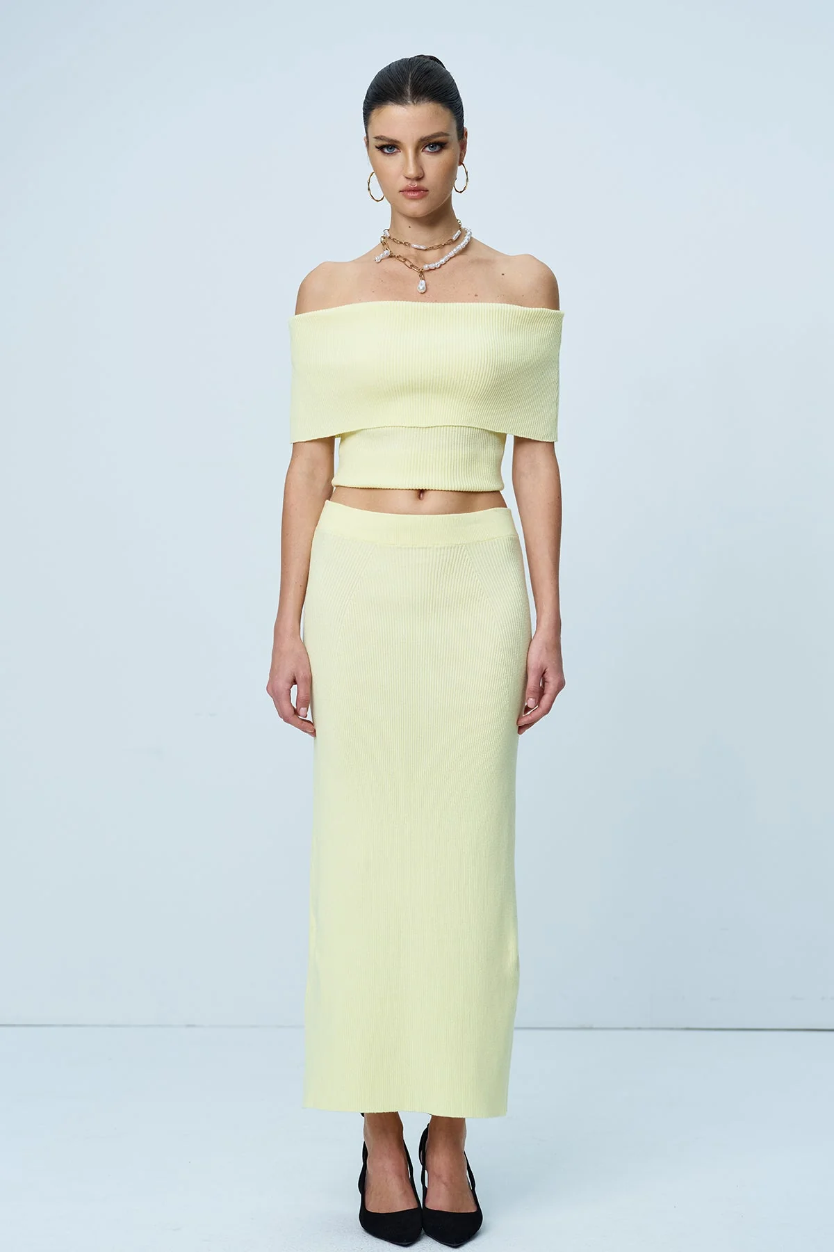 Yellow Knit Strapless Skirt Set with Ruched Details
