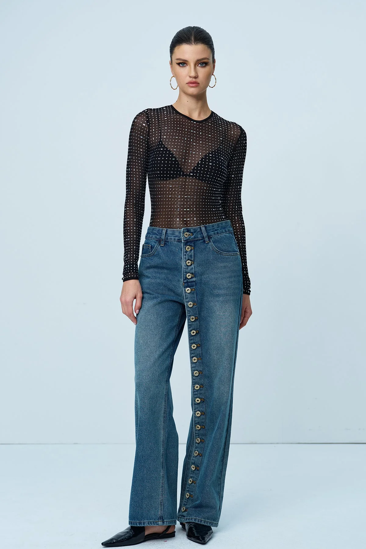 Rhinestone Embellished Bodycon Bodysuit for Women