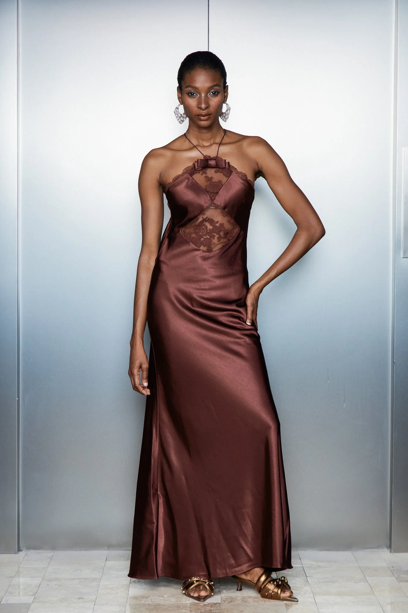 Elegant Lace Halter Satin Maxi Dress in Brown