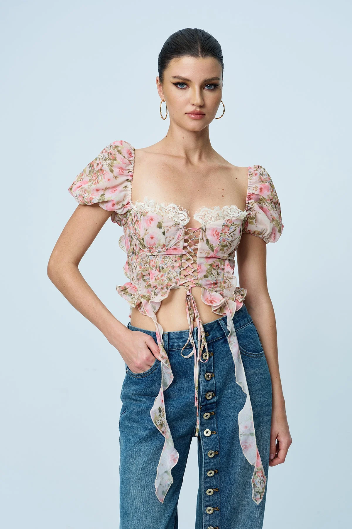 Pink Floral Lace Up Balloon Sleeve Top