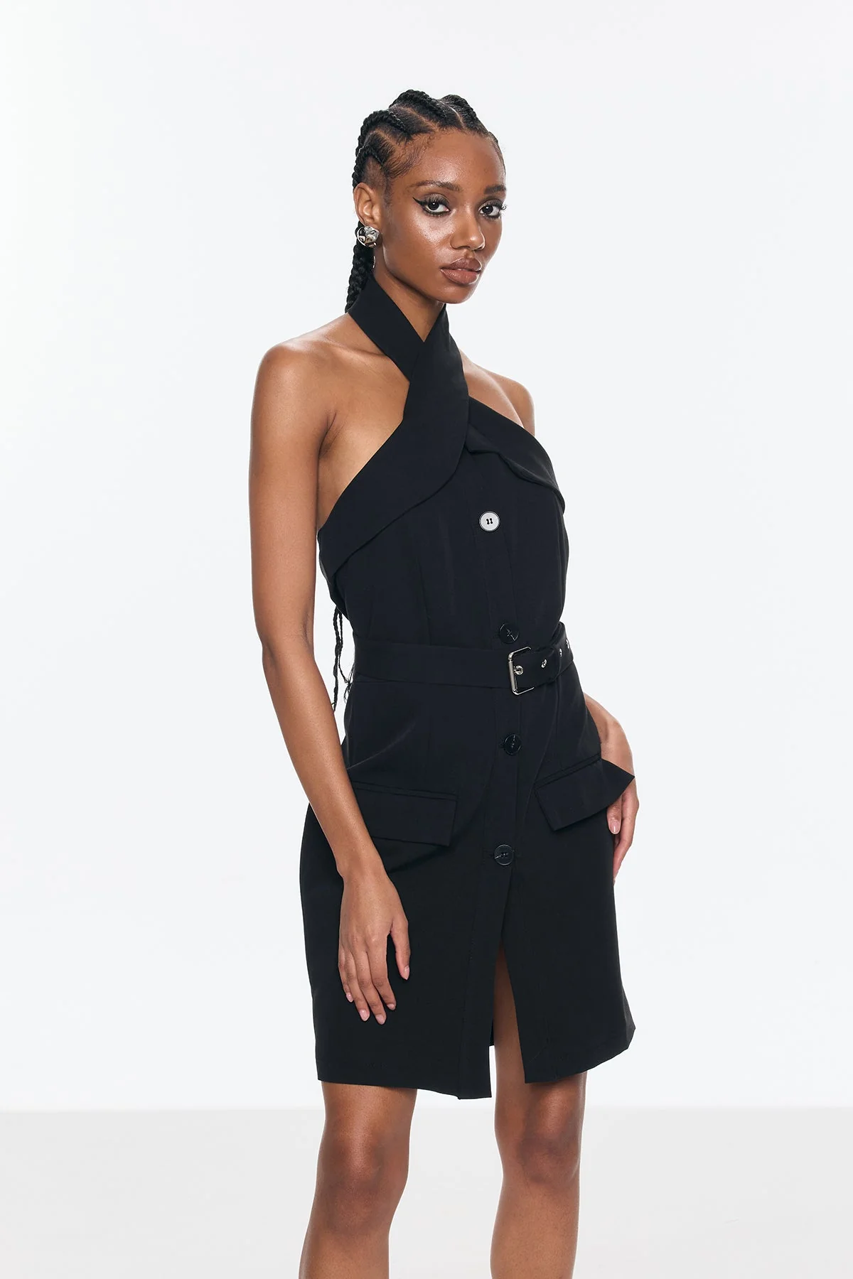 Chic Halter Neck Buckle Mini Dress Black