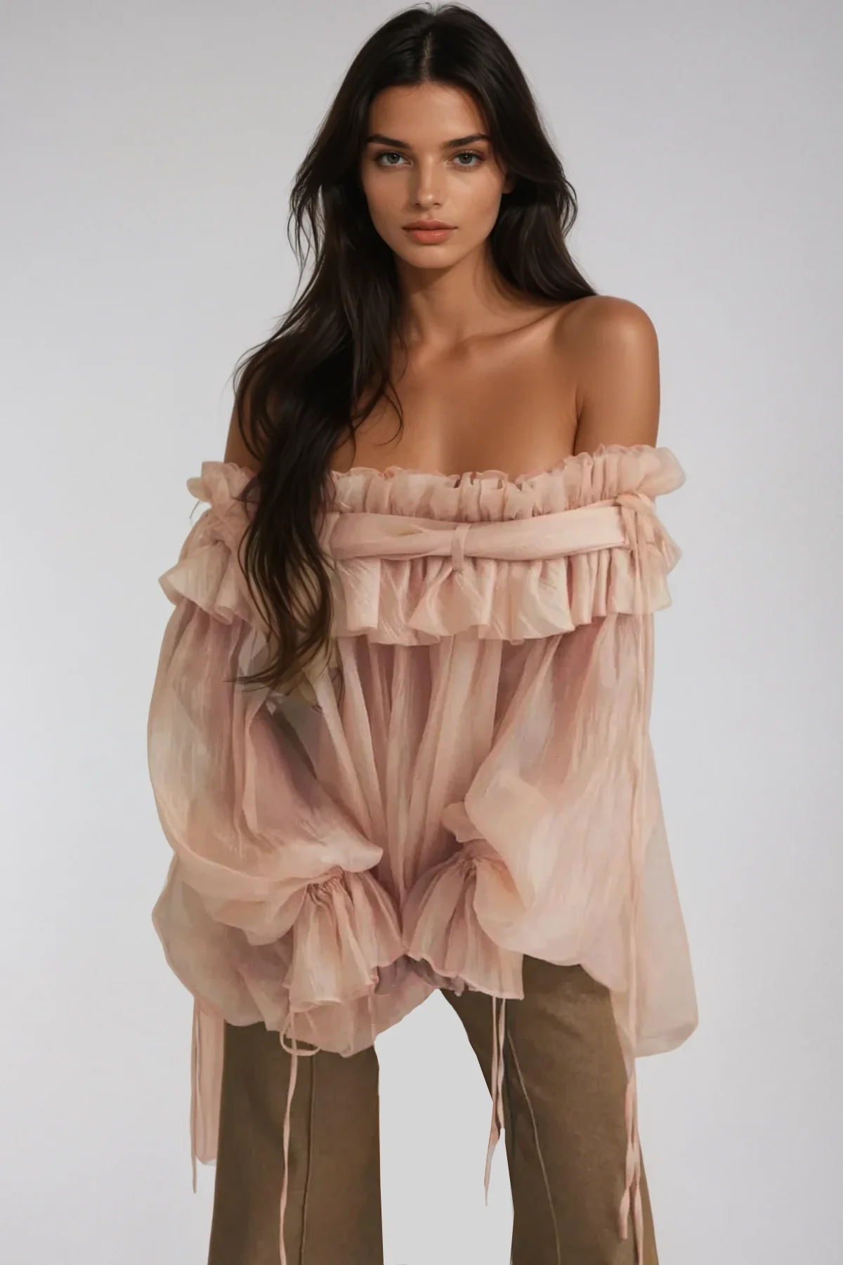 Mesh Ruffle Off Shoulder Top in Pink - Trendy & Elegant