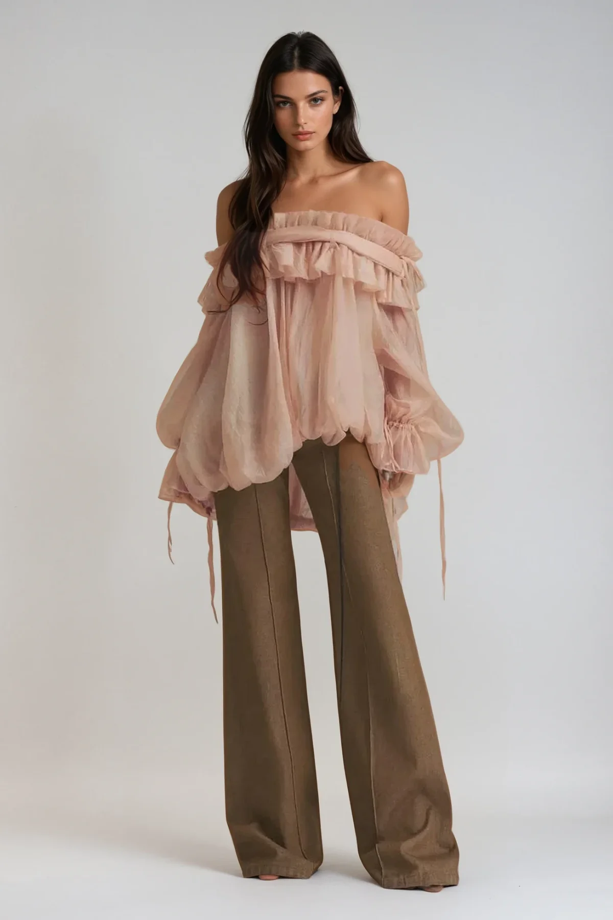 Mesh Ruffle Off Shoulder Top in Pink - Trendy & Elegant
