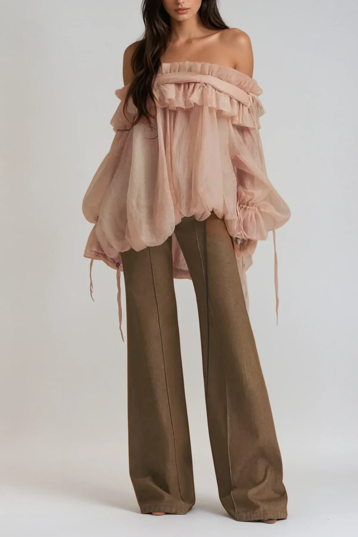 Mesh Ruffle Off Shoulder Top in Pink - Trendy & Elegant