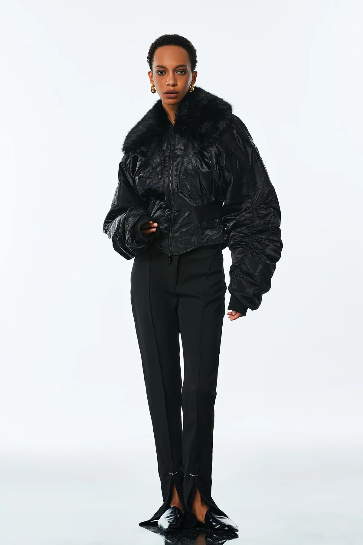 Faux Fur Drawstring Leather Jacket in Black - Womens Rebel Office Style