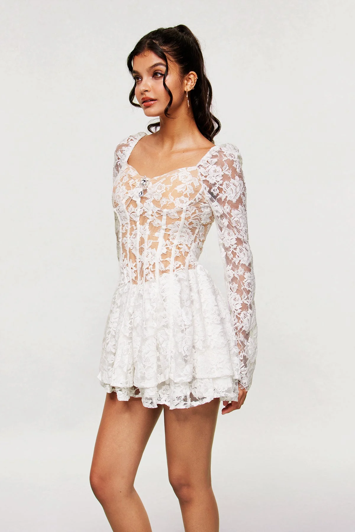 White Lace Ruffle Mini Dress - Elegant Coquette Style