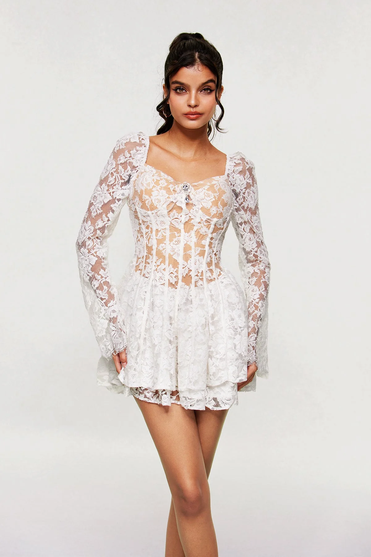 White Lace Ruffle Mini Dress - Elegant Coquette Style