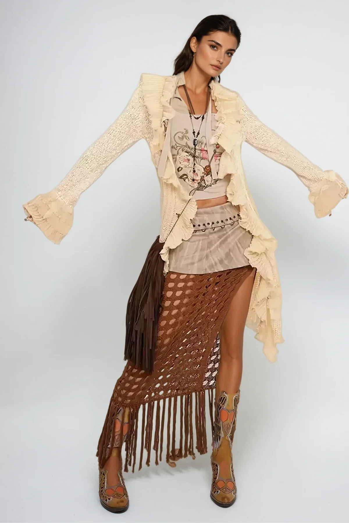 Khaki Asymmetric Ruffle Knit Jacket - Stylish & Modern Design