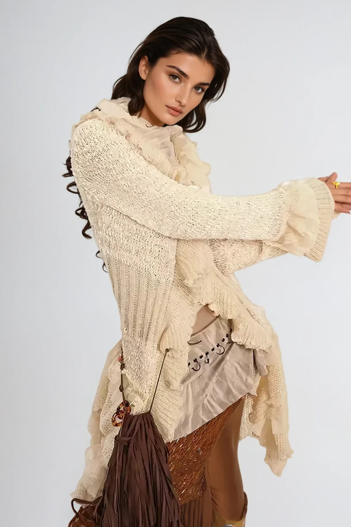 Khaki Asymmetric Ruffle Knit Jacket - Stylish & Modern Design