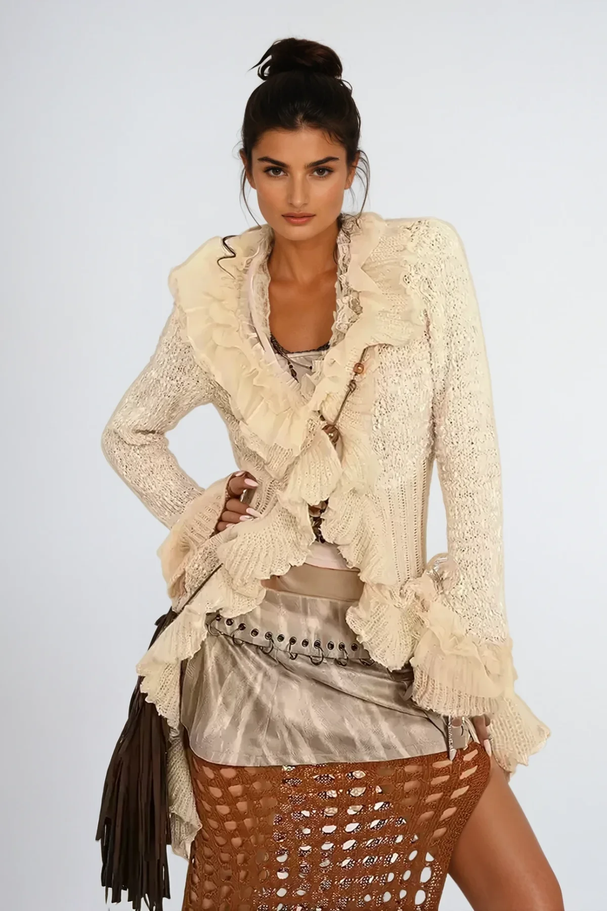Khaki Asymmetric Ruffle Knit Jacket - Stylish & Modern Design
