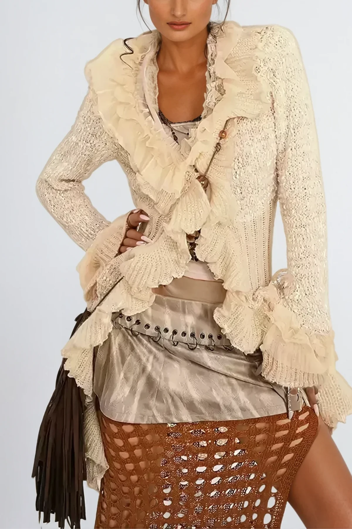 Khaki Asymmetric Ruffle Knit Jacket - Stylish & Modern Design
