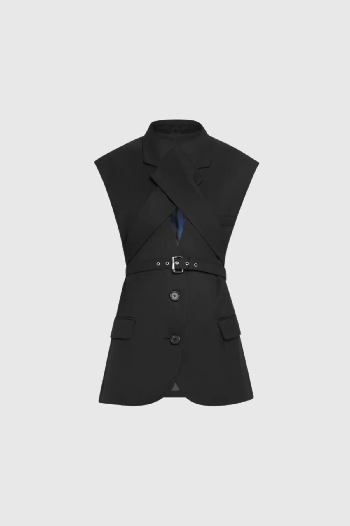 Sleek Sleeveless Cross Buckle Blazer in Black for Women