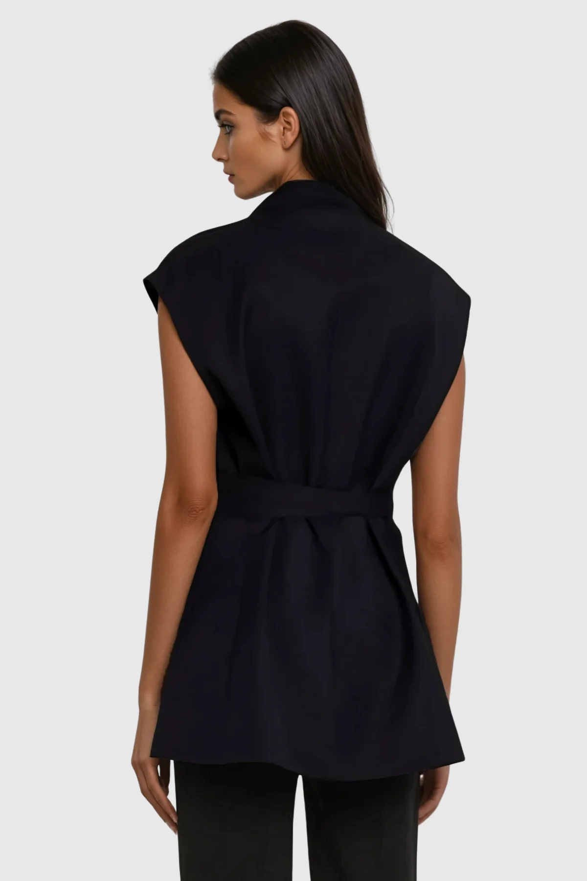 Sleek Sleeveless Cross Buckle Blazer in Black for Women