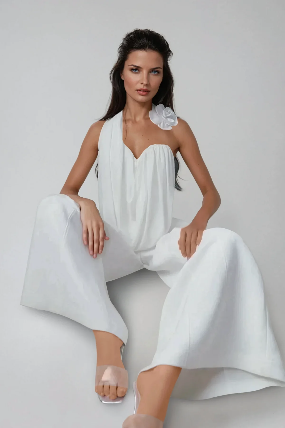 Chic White Flower Asymmetric Ruch Top for Women