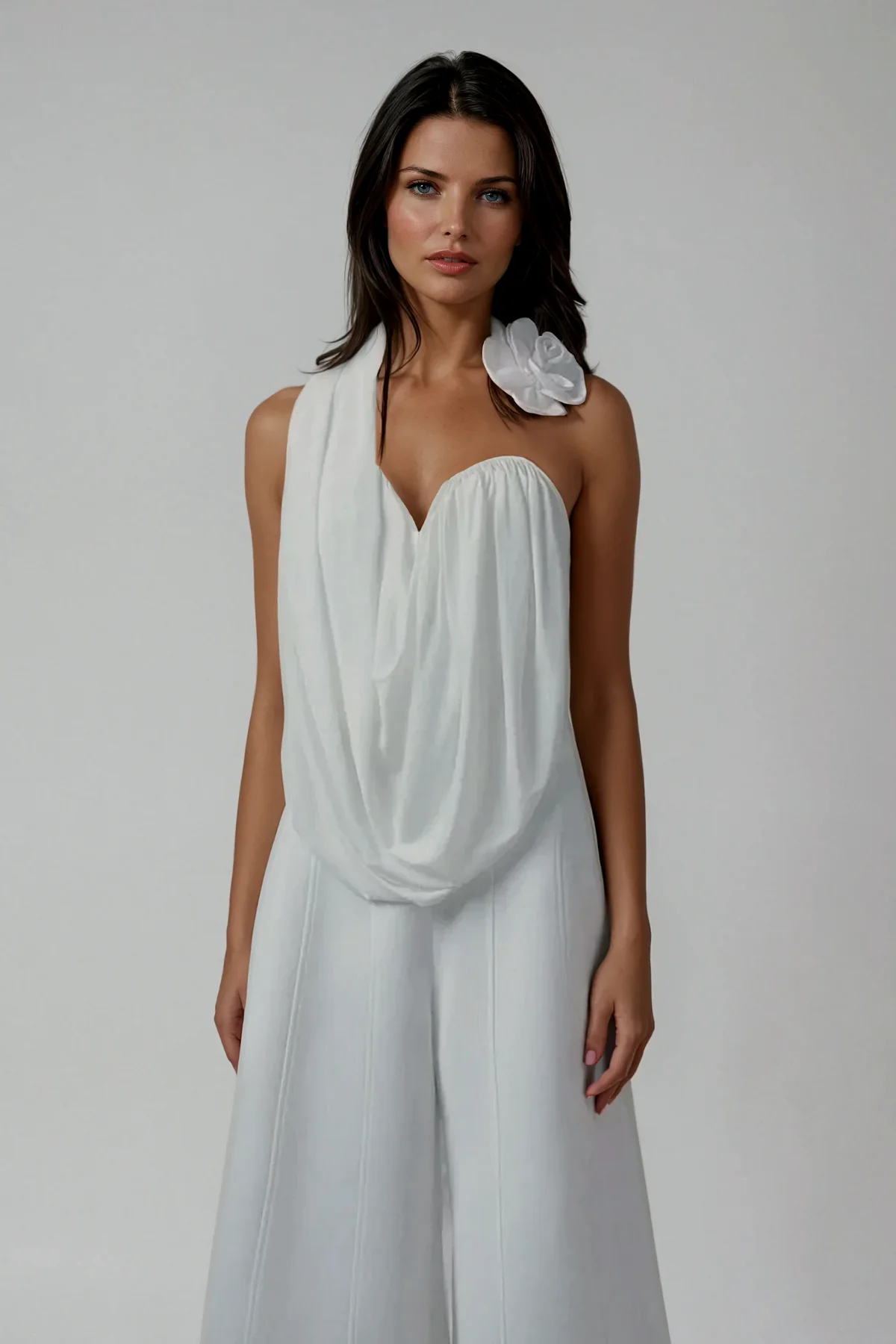 Chic White Flower Asymmetric Ruch Top for Women